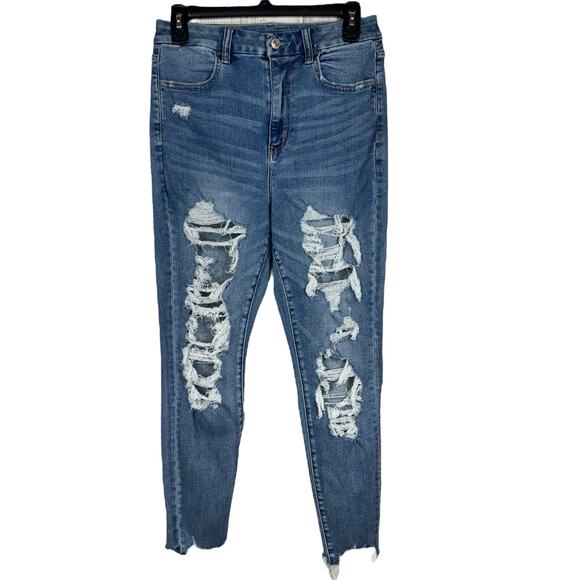 American Eagle SZ 8 SHORT Curvy Jeggings Jeans Super Hi-Rise Distressed Rip Blue - Picture 1 of 13